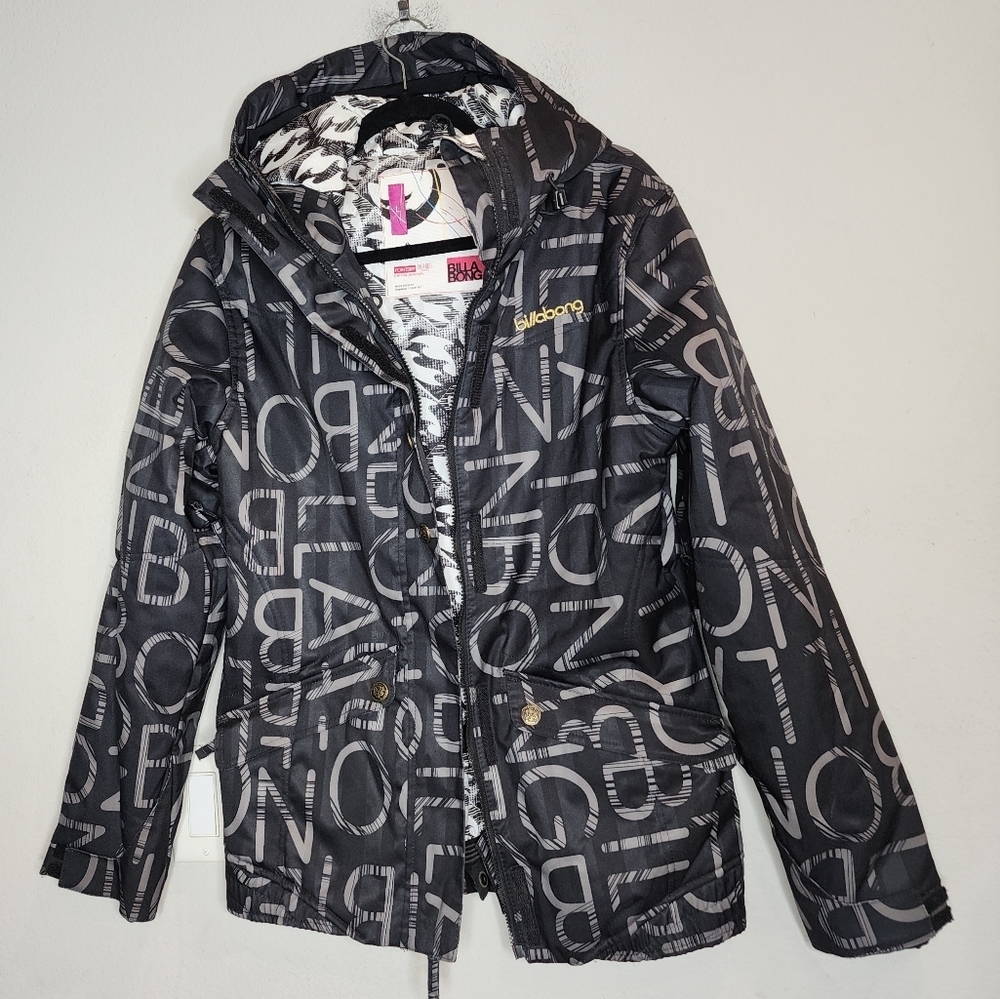 Billabong Snowboarding Jacket Black Grey All Over Spell Out Women's Size Large